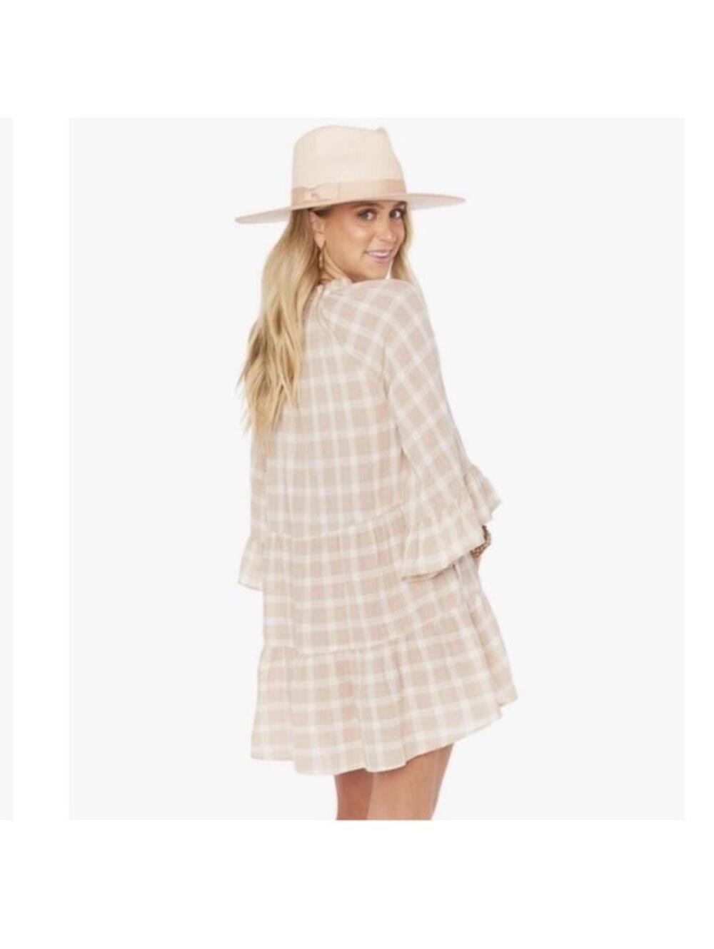 NWT Show Me Your MuMu Viola Plaid Bell Sleeve Mini Dress Beige/ Cream Women’s XS - Picture 12 of 15